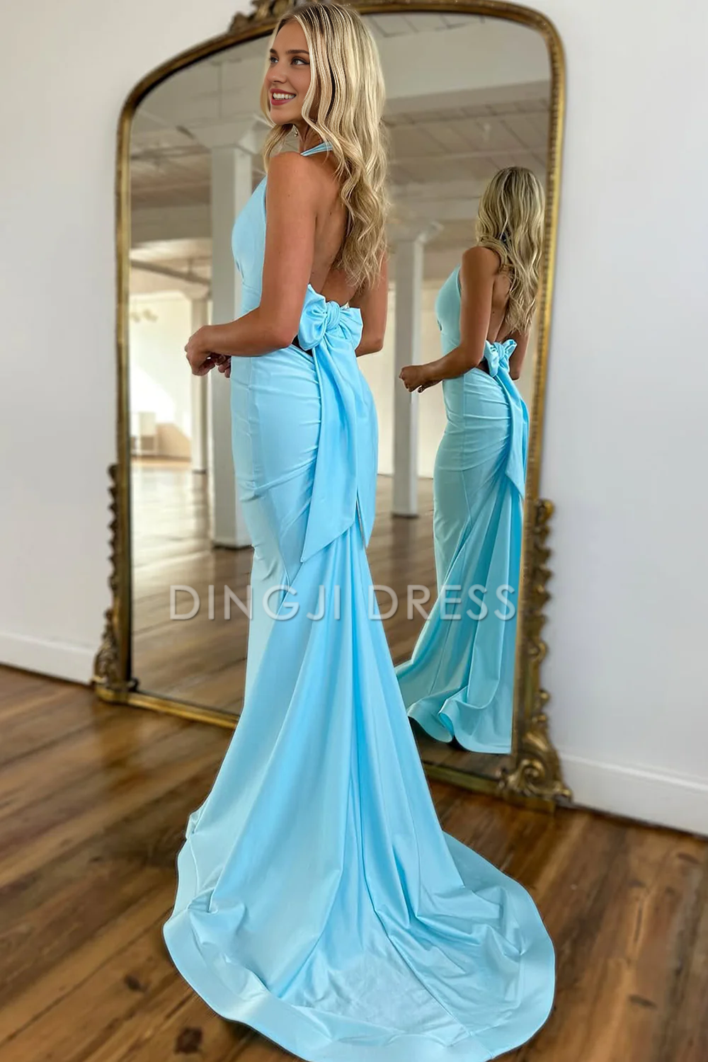 DingJiDress Exquisite Mermaid Halter Neck Backless Long Satin With Bowknot Charming Prom Dress