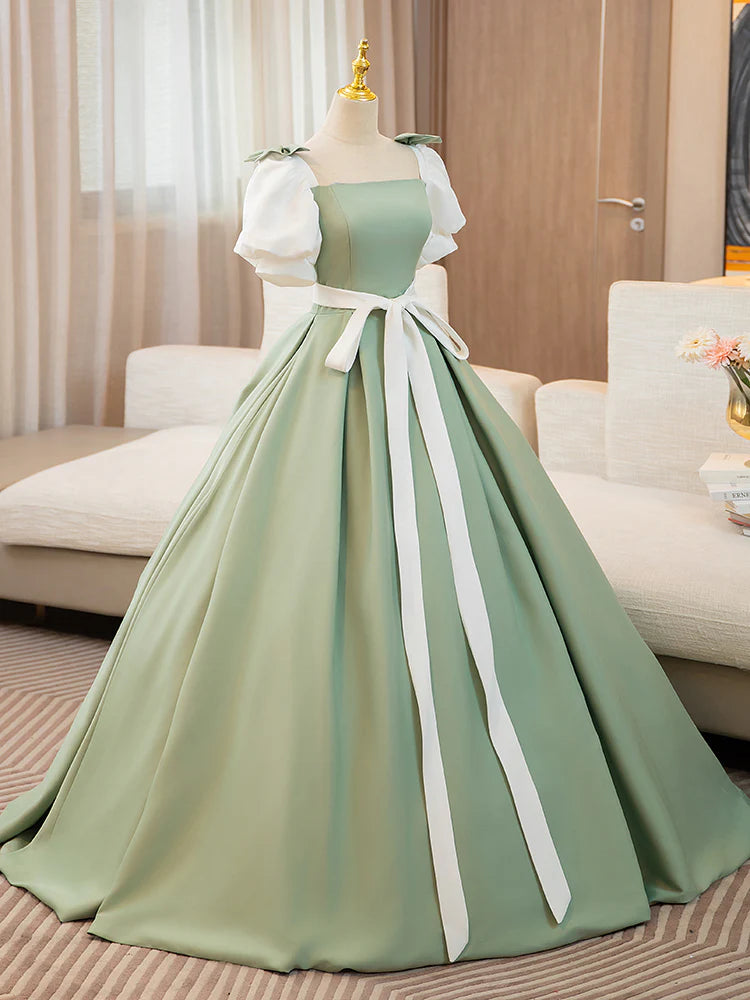 A-Line Puff Sleeves Satin Green Long Prom Dress Green Sweet