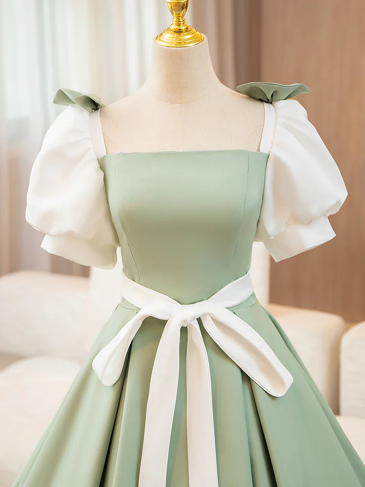 A-Line Puff Sleeves Satin Green Long Prom Dress Green Sweet