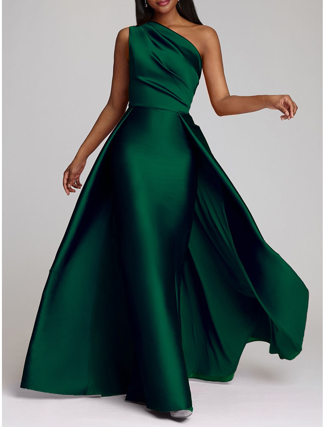 Beach Wedding Sheath Evening Gown Elegant Dress Wedding Guest Cocktail Party Floor Length Sleeveless One Shoulder Satin with Overskirt Pure Color