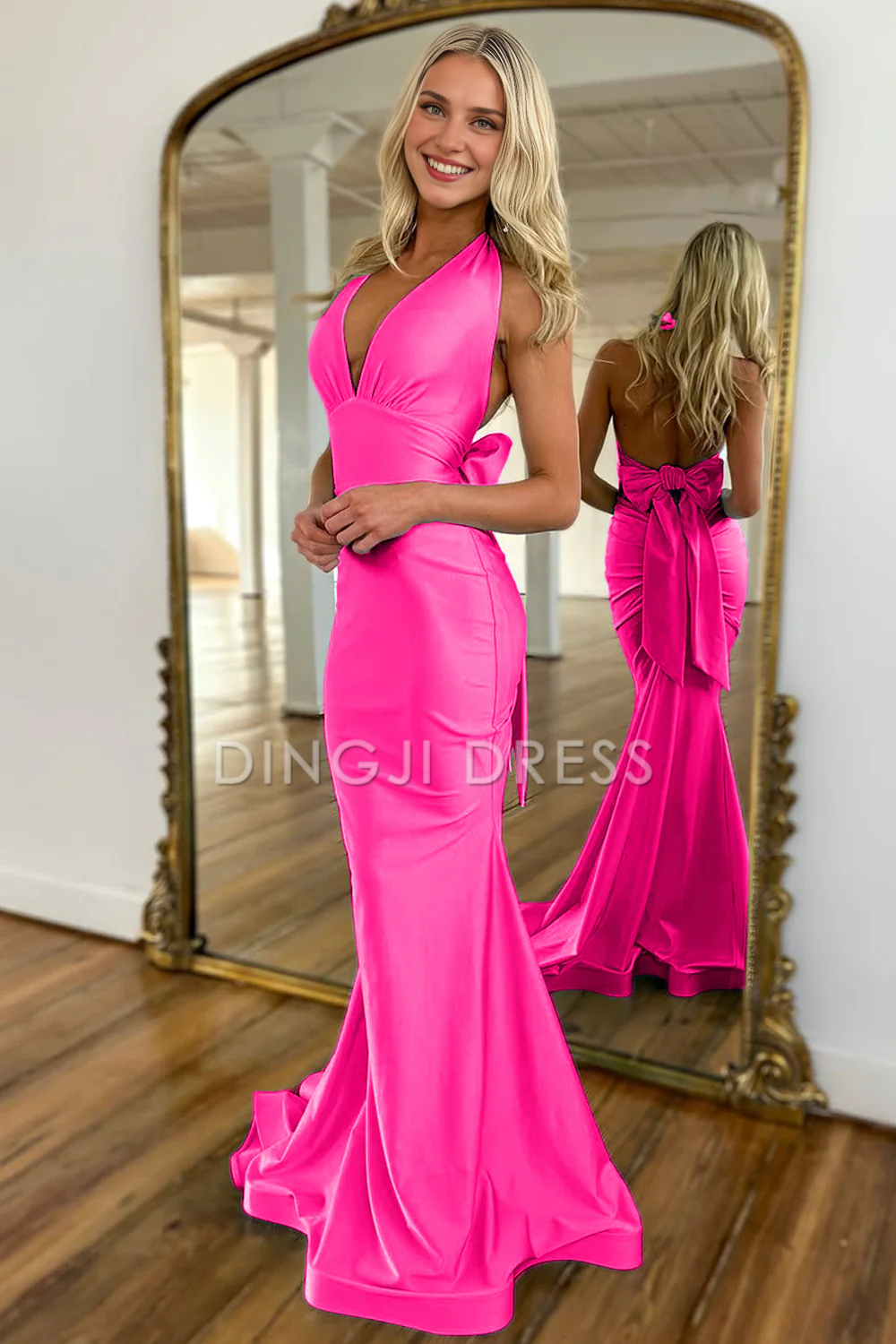 DingJiDress Exquisite Mermaid Halter Neck Backless Long Satin With Bowknot Charming Prom Dress