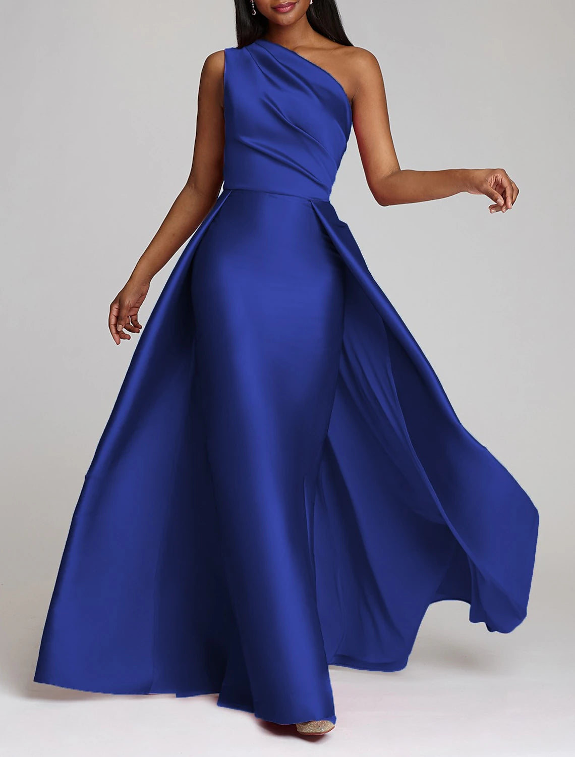 Beach Wedding Sheath Evening Gown Elegant Dress Wedding Guest Cocktail Party Floor Length Sleeveless One Shoulder Satin with Overskirt Pure Color
