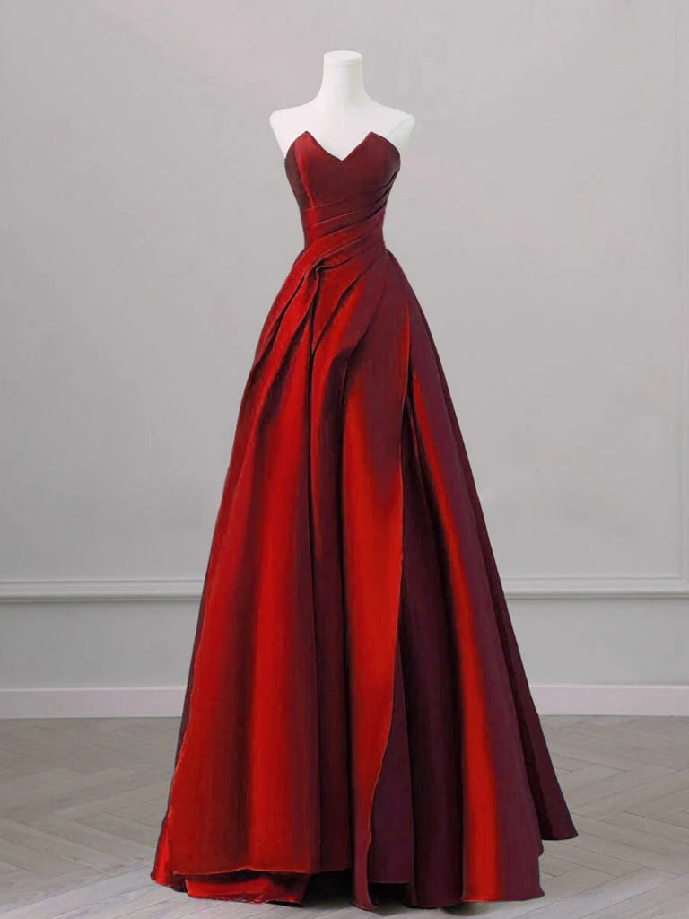 A-Line V Neck Satin Burgundy Long Prom Dress Burgundy Long Formal Dress