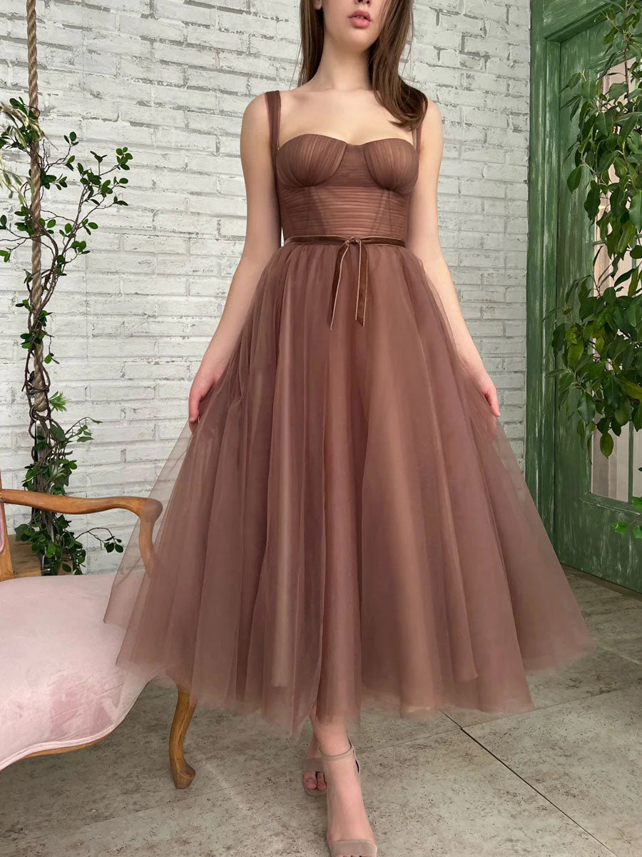Simple Aline Tea Length Brown Prom Dresses Brown Homecoming Dresses