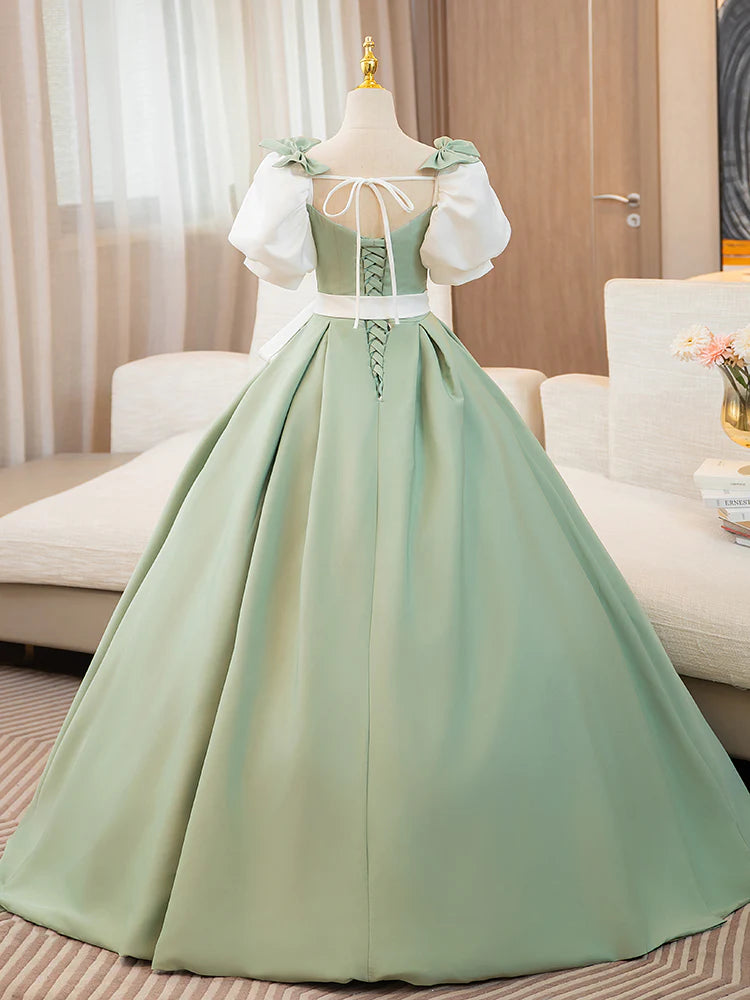 A-Line Puff Sleeves Satin Green Long Prom Dress Green Sweet