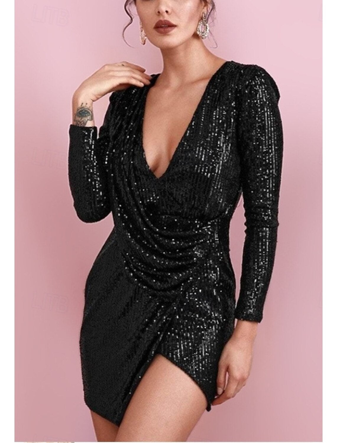 Women's Sequined Mini Dress Long Sleeve V-Neck Draped Silver Glamorous Cocktail Party Evening Wear Fall Winter