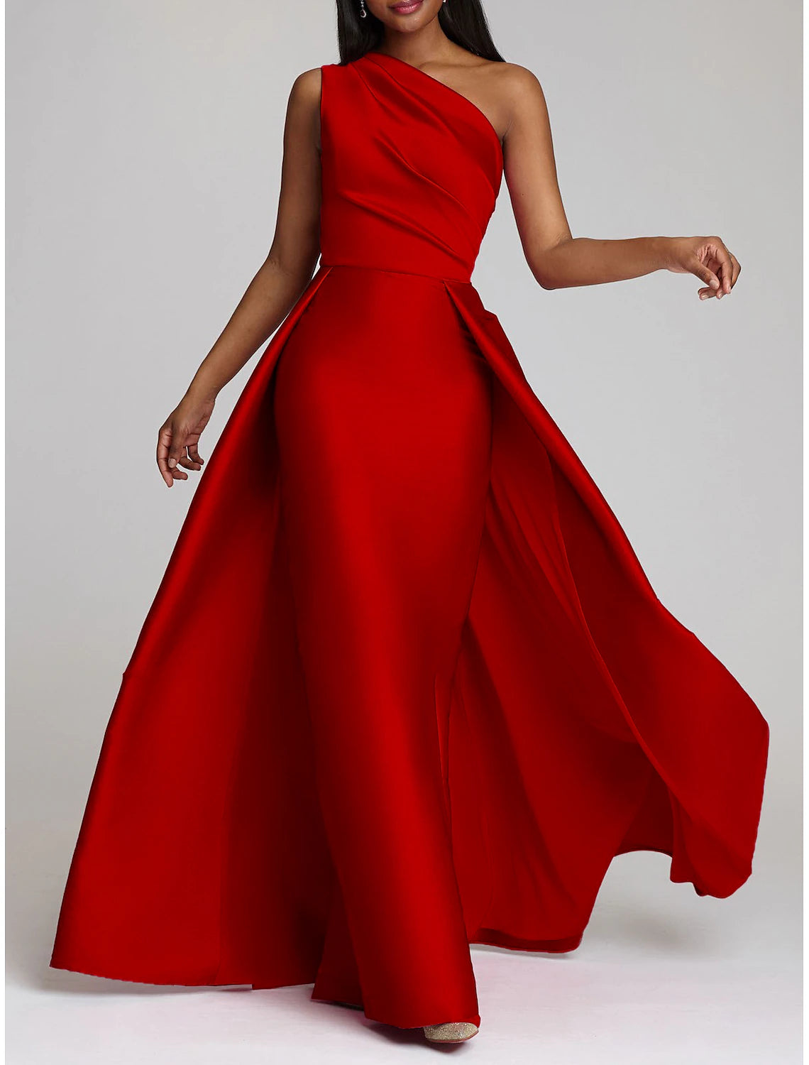 Beach Wedding Sheath Evening Gown Elegant Dress Wedding Guest Cocktail Party Floor Length Sleeveless One Shoulder Satin with Overskirt Pure Color