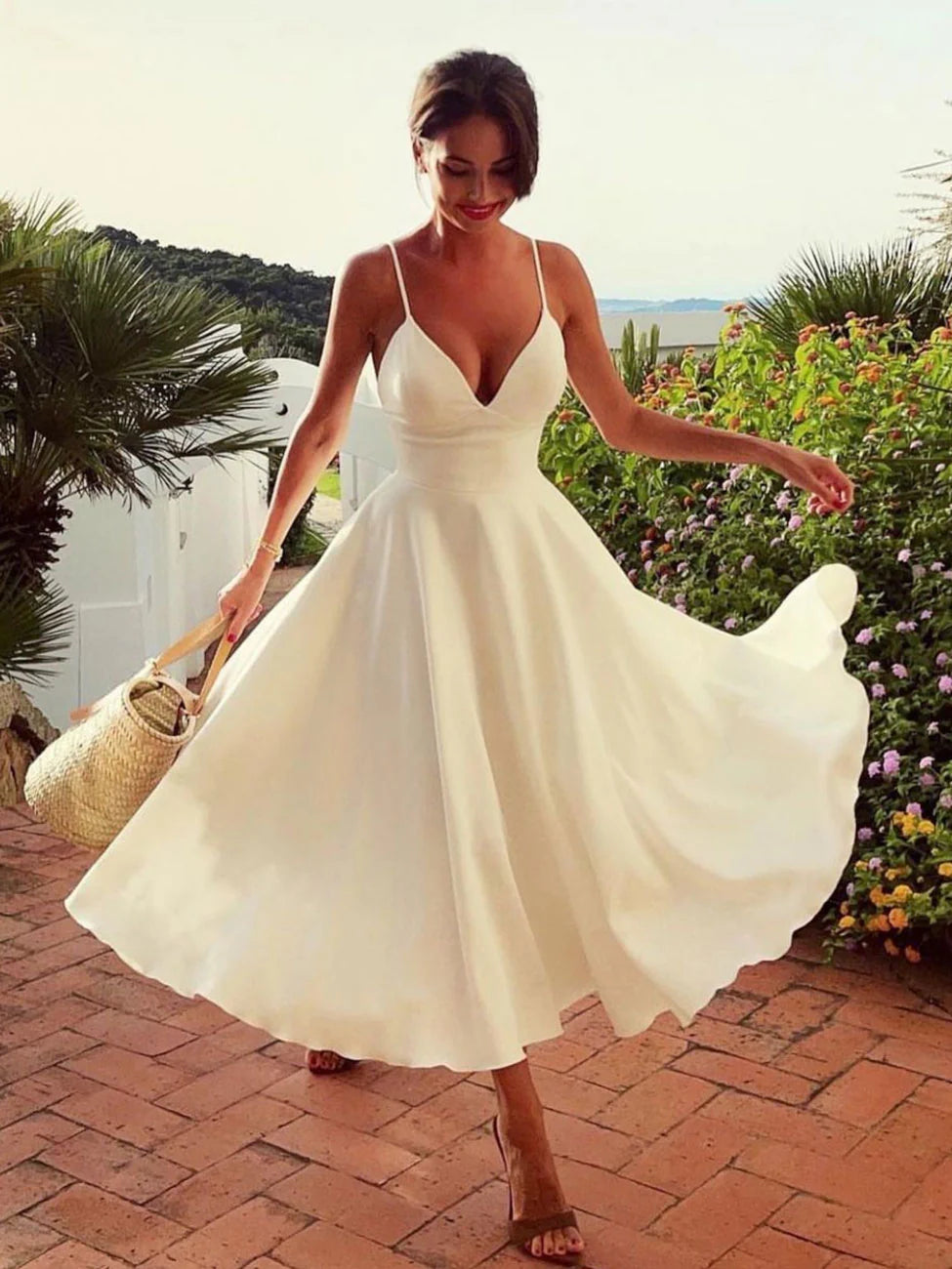 Aline V Neck White Prom Dresses Satin Tea Length White Formal Wedding Party Dress
