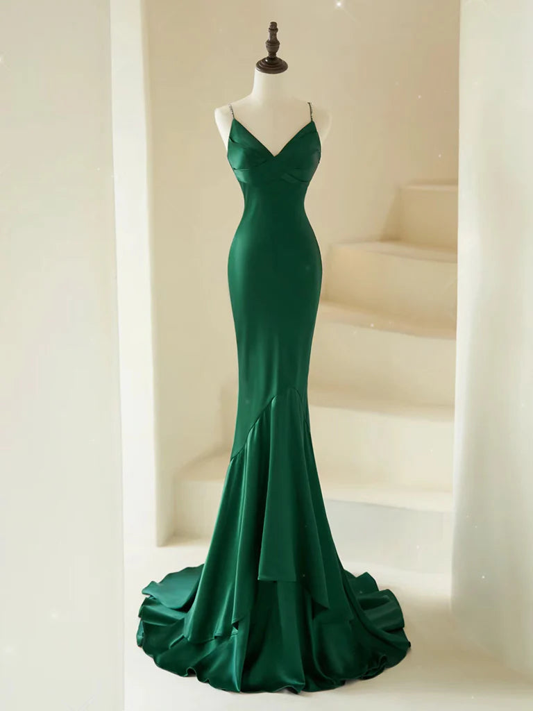Mermaid V Neck Satin Green Long Prom Dress Green Satin Long Formal Dress