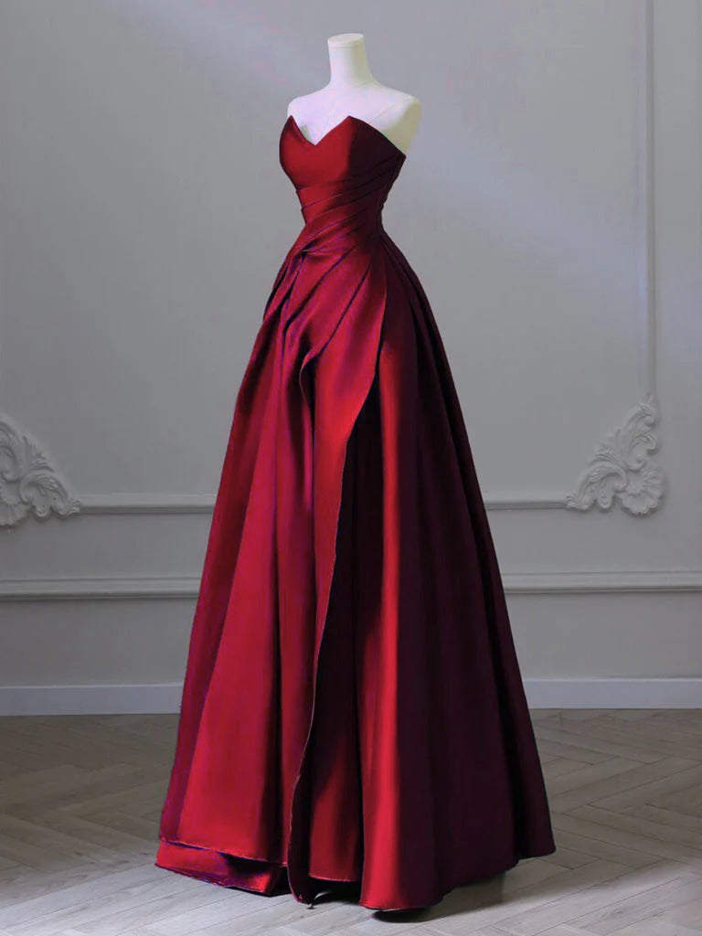 A-Line V Neck Satin Burgundy Long Prom Dress Burgundy Long Formal Dress