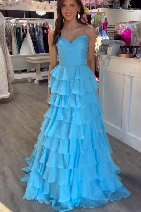 Blue Strapless Sweetheart Layered Sleeveless A-Line Formal Prom Dress