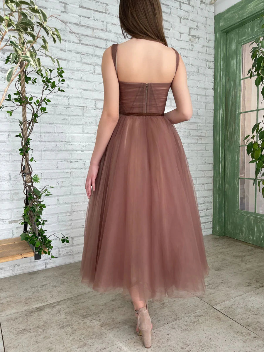 Simple Aline Tea Length Brown Prom Dresses Brown Homecoming Dresses