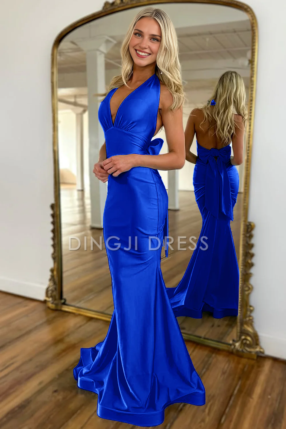 DingJiDress Exquisite Mermaid Halter Neck Backless Long Satin With Bowknot Charming Prom Dress