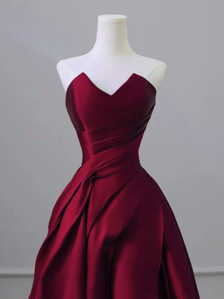 A-Line V Neck Satin Burgundy Long Prom Dress Burgundy Long Formal Dress