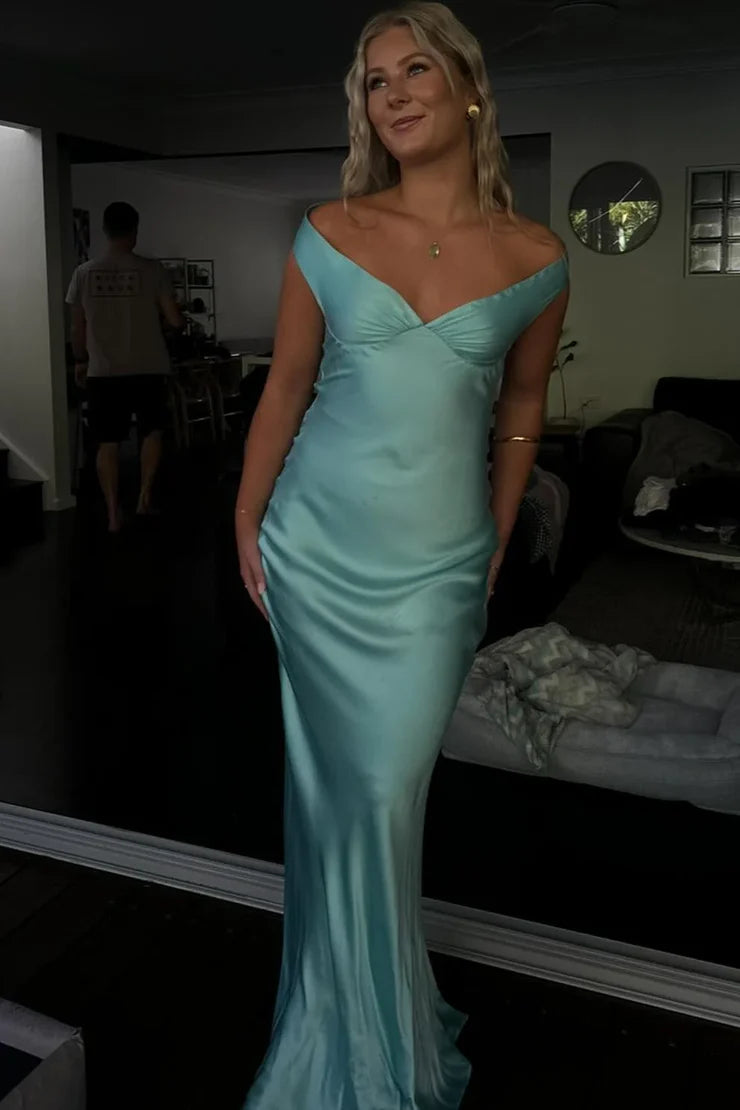 Charming Sheath Off the Shoulder Mint Silk Satin Long Prom Dress