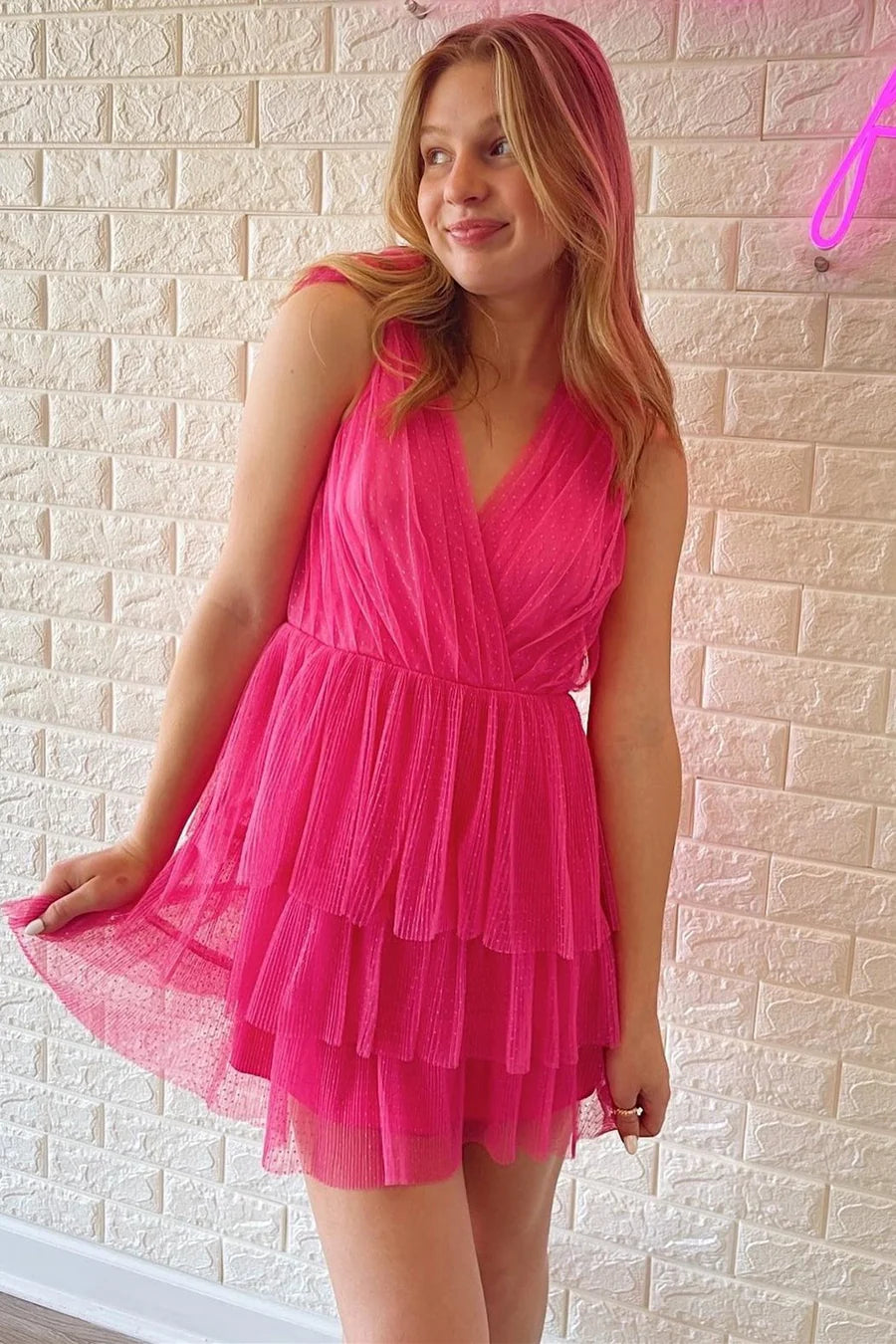 Hot Pink Surplice Multi-Layer Short Homecoming Dress ﻿