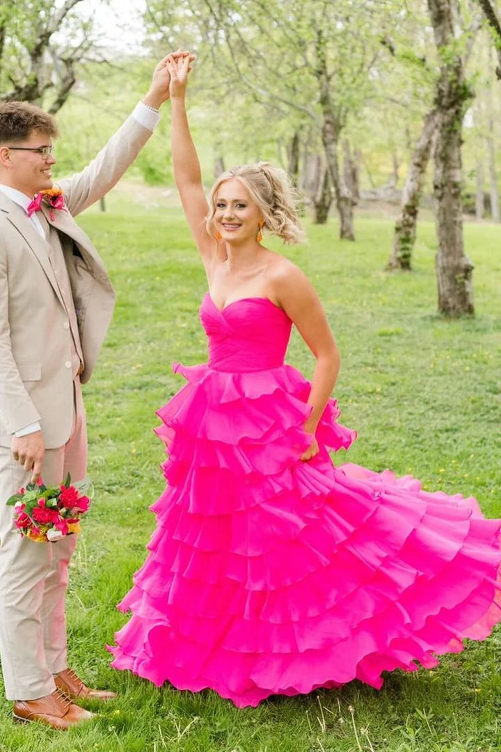 Blue Strapless Sweetheart Layered Sleeveless A-Line Formal Prom Dress