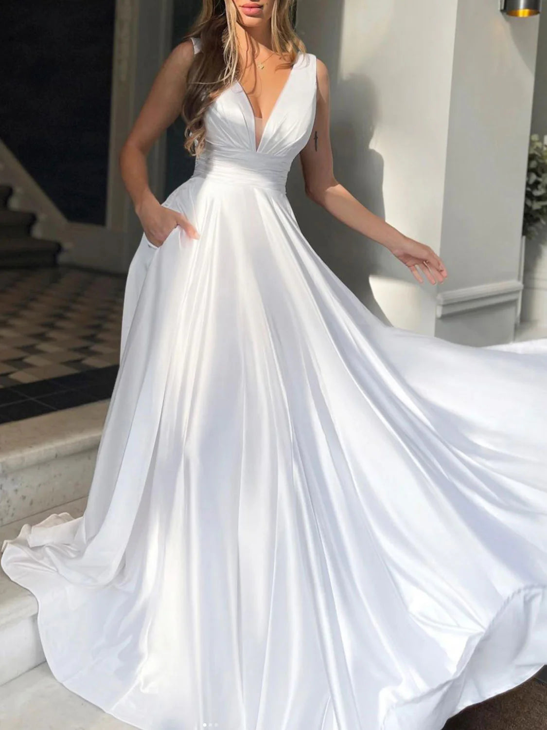 Simple v neck white Aline satin long prom dress white evening dress
