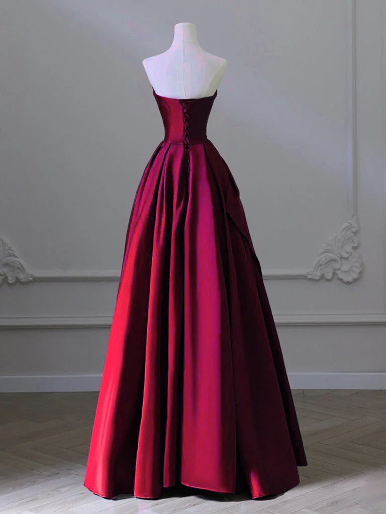 A-Line V Neck Satin Burgundy Long Prom Dress Burgundy Long Formal Dress
