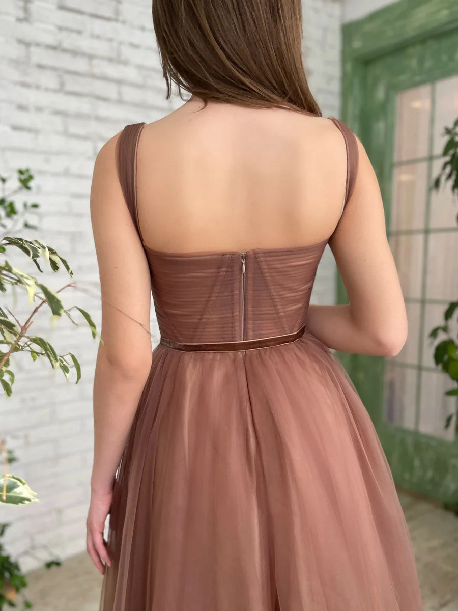 Simple Aline Tea Length Brown Prom Dresses Brown Homecoming Dresses