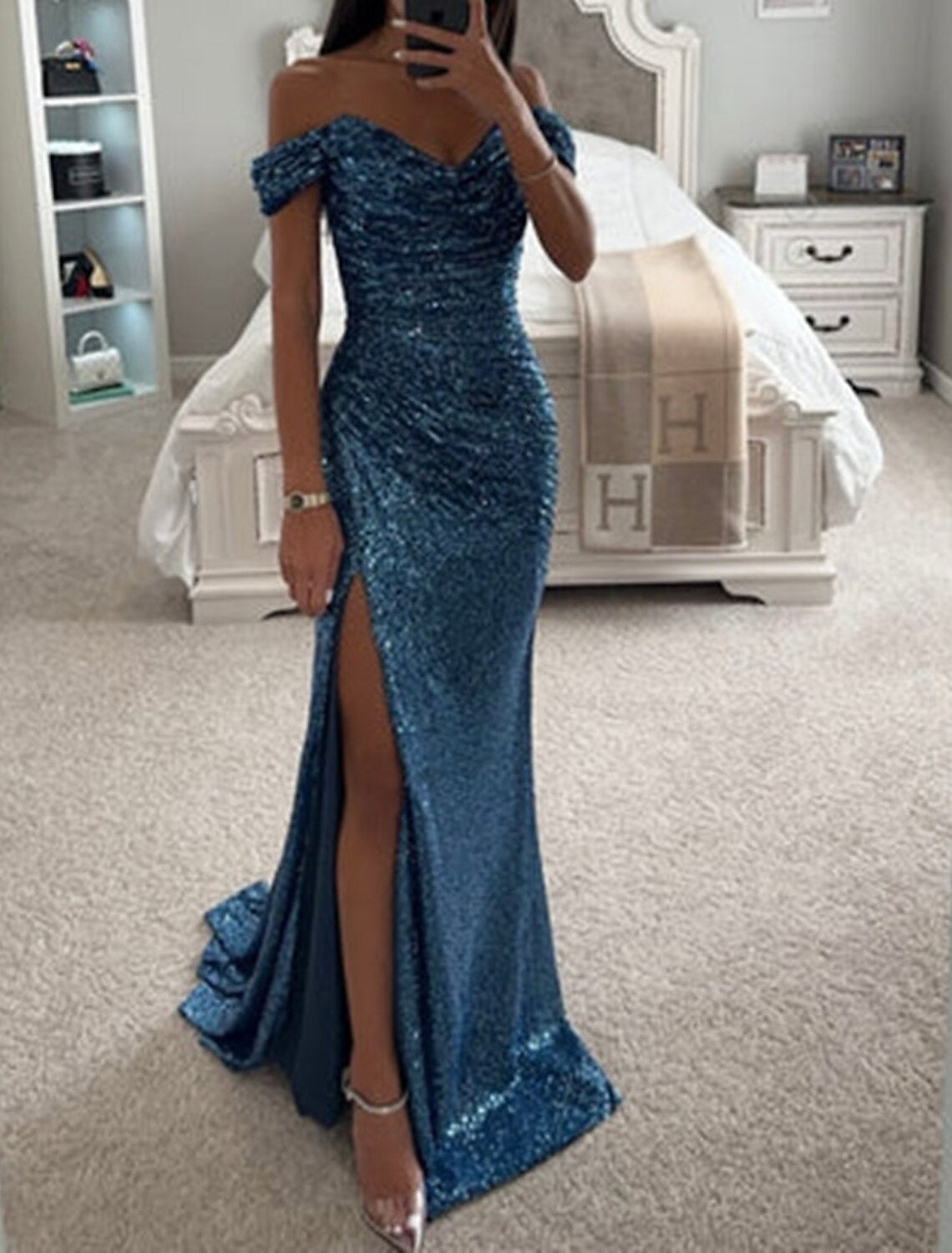 Beach Wedding Mermaid Prom Dresses Sequin Dress Formal Evening Party Sweep / Brush Train Sleeveless Cowl Neck with Ruched Slit Masquerade Dress