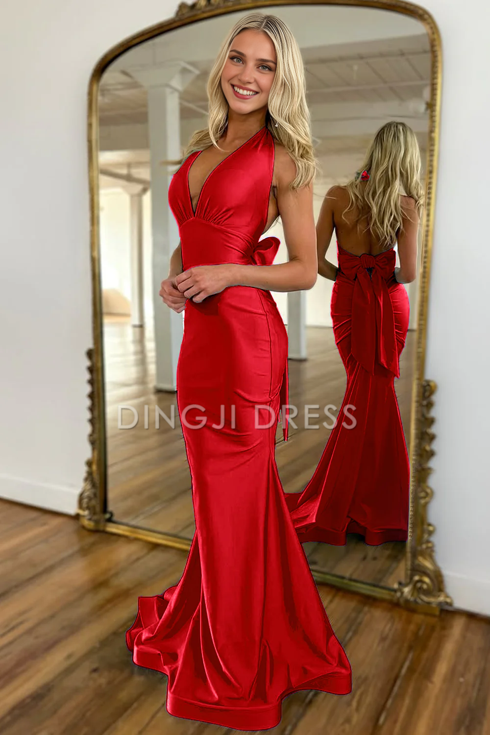 DingJiDress Exquisite Mermaid Halter Neck Backless Long Satin With Bowknot Charming Prom Dress