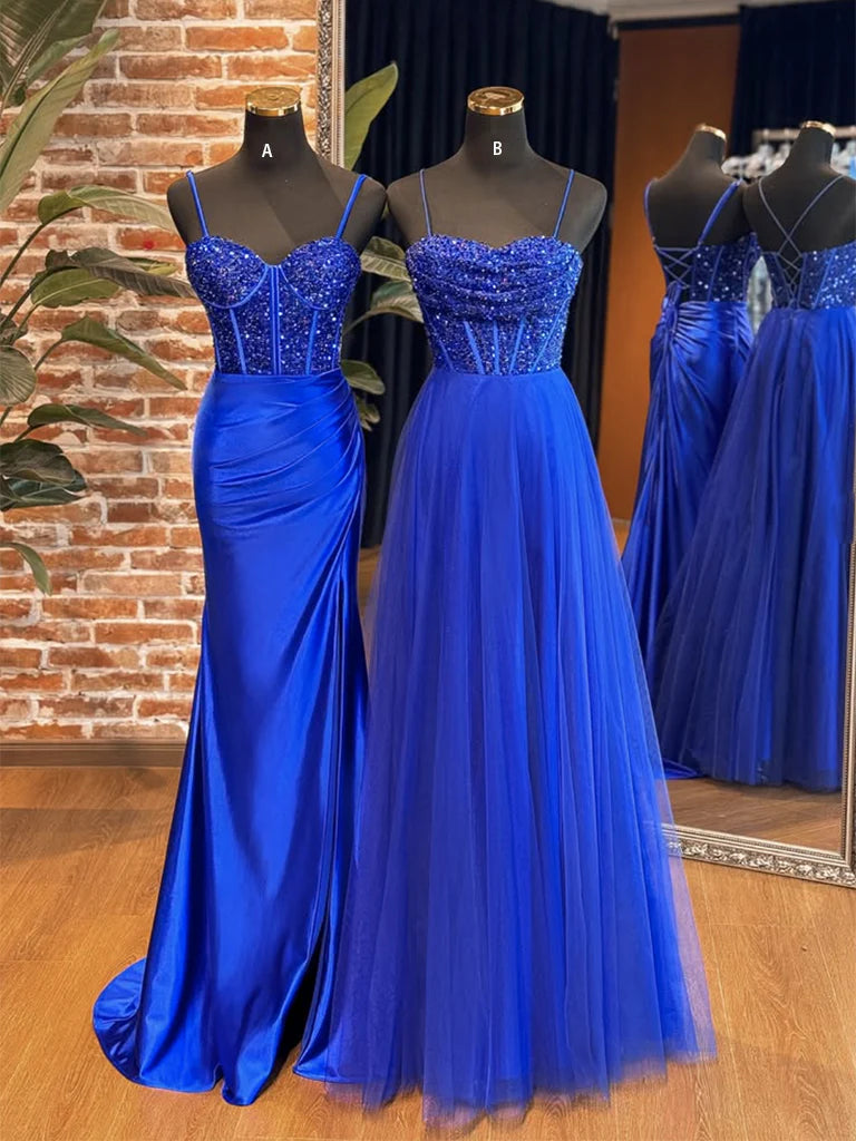 A-Line Sweetheart Neck Tulle Sequin Blue Long Prom Dress Blue Long Formal Dress
