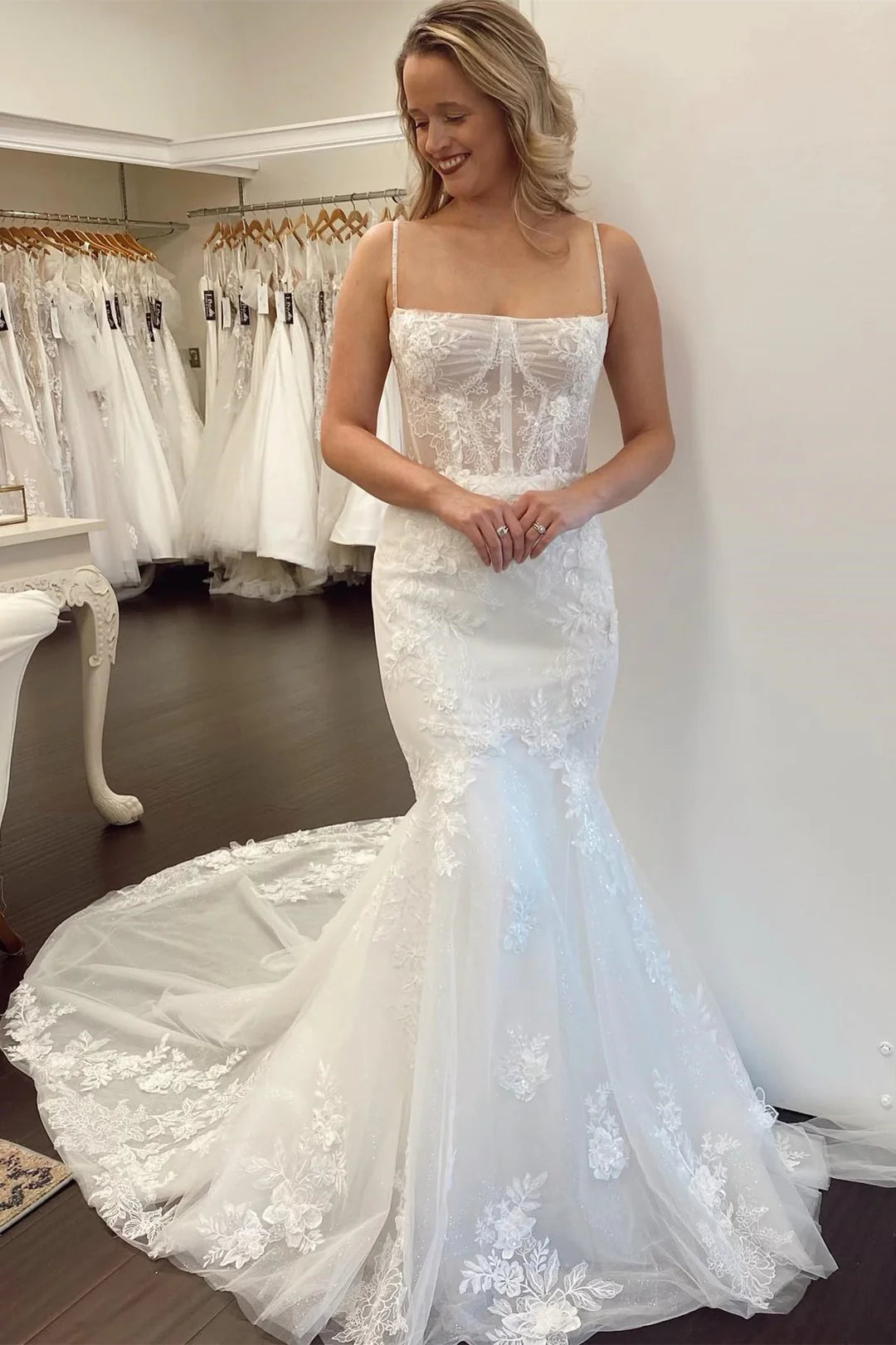 White Lace Square Neck Long Wedding Dress