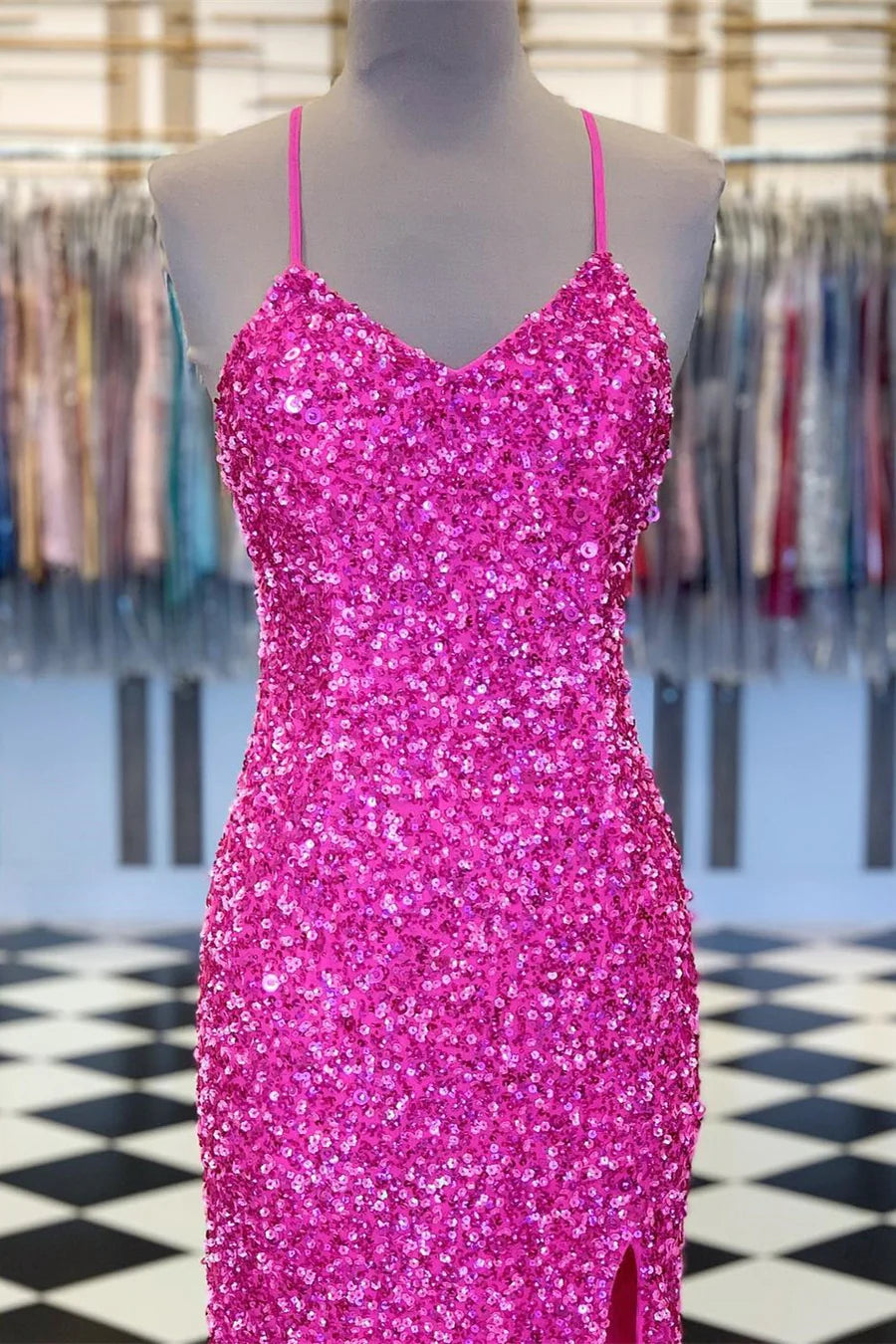 Neon Pink Spaghetti Strap Sequin Mermaid Long Formal Dress