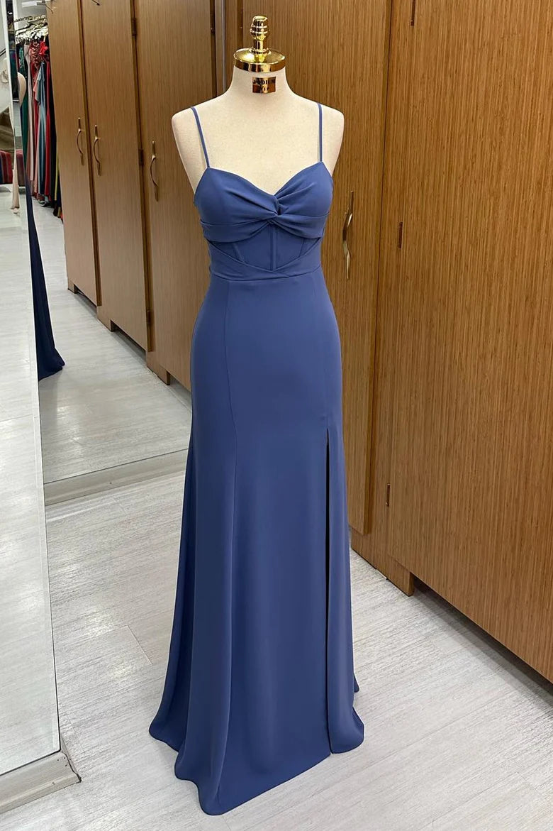 Navy blue twisted front long formal dress with thin shoulder straps