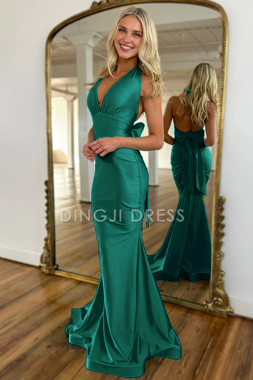 DingJiDress Exquisite Mermaid Halter Neck Backless Long Satin With Bowknot Charming Prom Dress