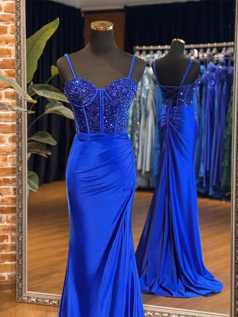 A-Line Sweetheart Neck Tulle Sequin Blue Long Prom Dress Blue Long Formal Dress