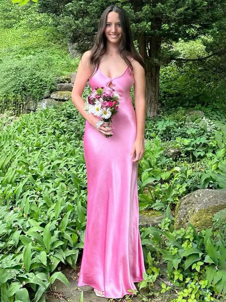 V Neck Pink Satin Long Prom Dress