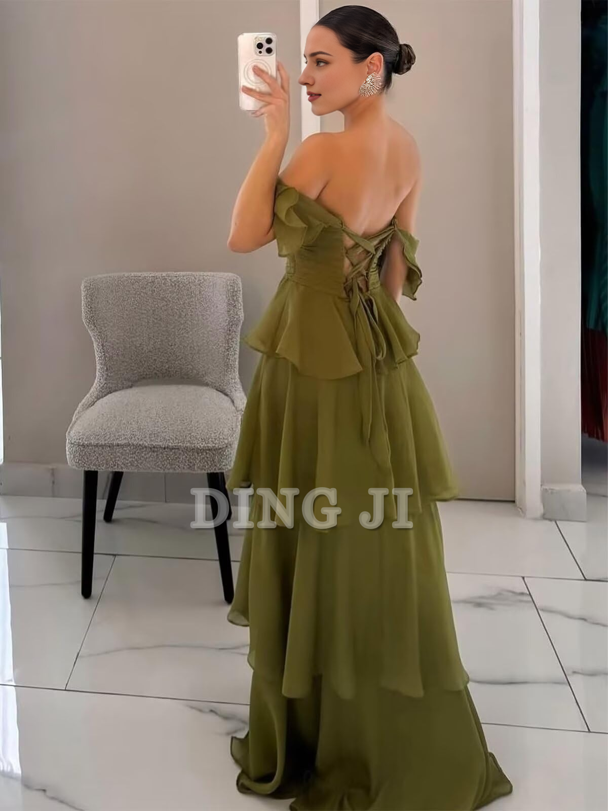 DingJiDress Prom Dresses Elegant Tiers Chiffon Backless Off The Shoulder Long Formal Wear Dresses