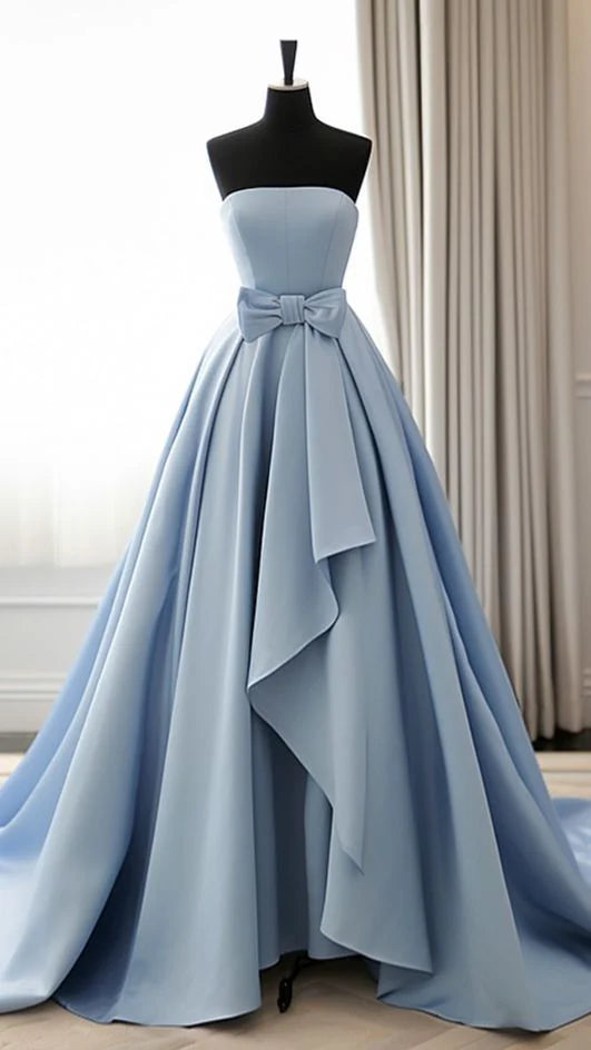 Simple and Elegant A-line Satin Blue Long Dance Evening Dress