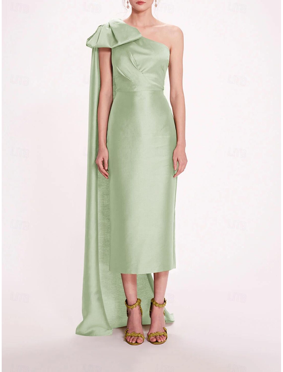 Sheath Evening Gown Elegant Dress Formal Wedding Guest Ankle Length Sleeveless One Shoulder Belt / Sash Satin with Bow
