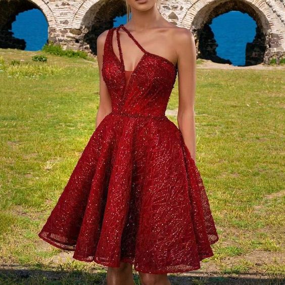 Short sequined A-line single shoulder sleeveless ballroom dress for back to school