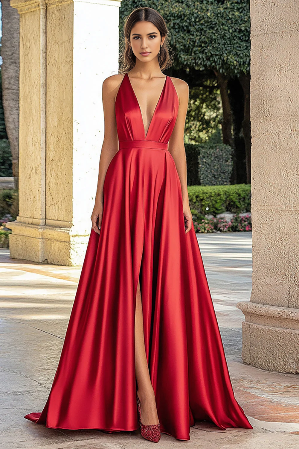 DingJiDress High Quality Dress Elegant Simple A Line Deep V-Neck Satin Long With Slit Prom Dress