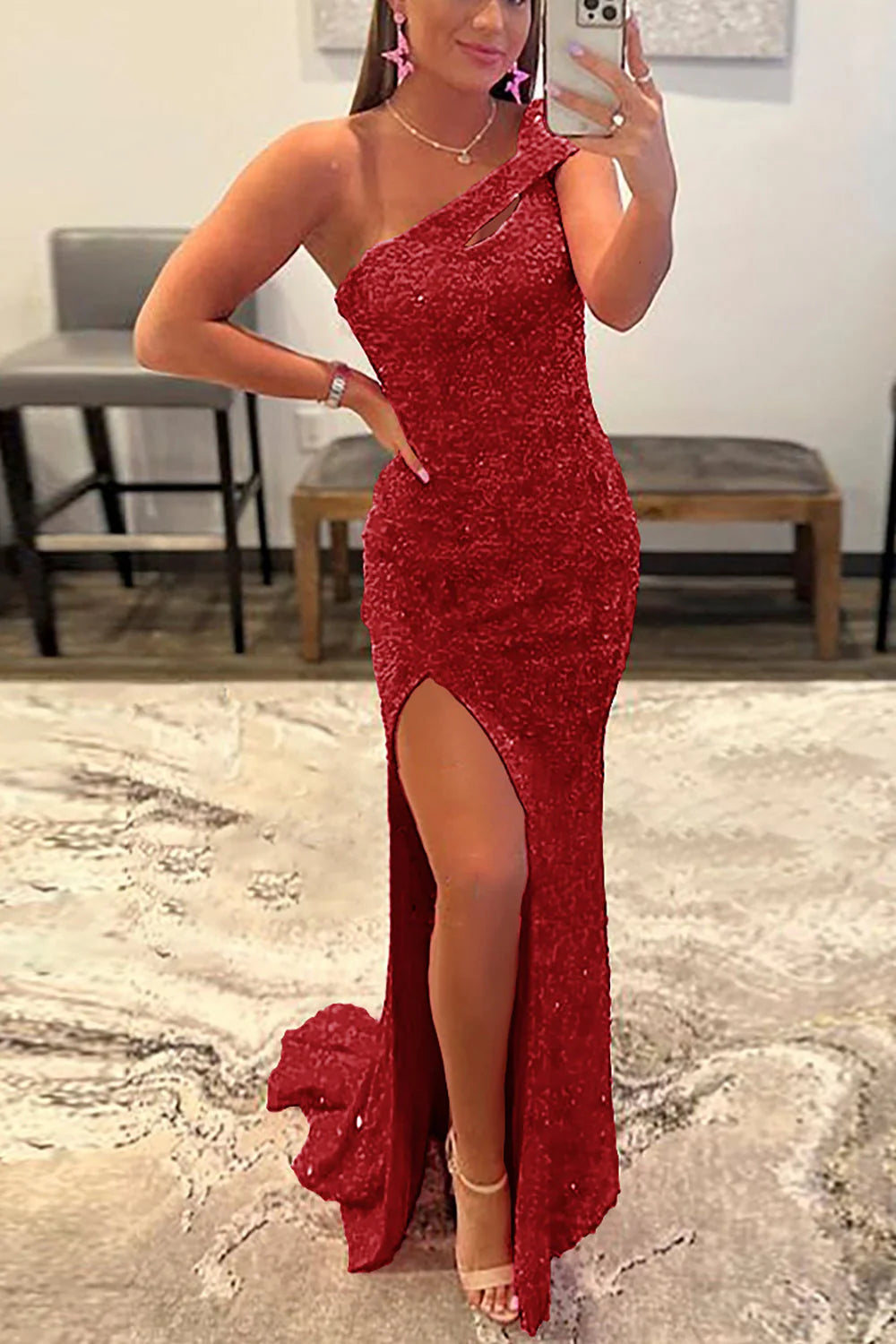 Pink long shoulder slit sequin dance dress