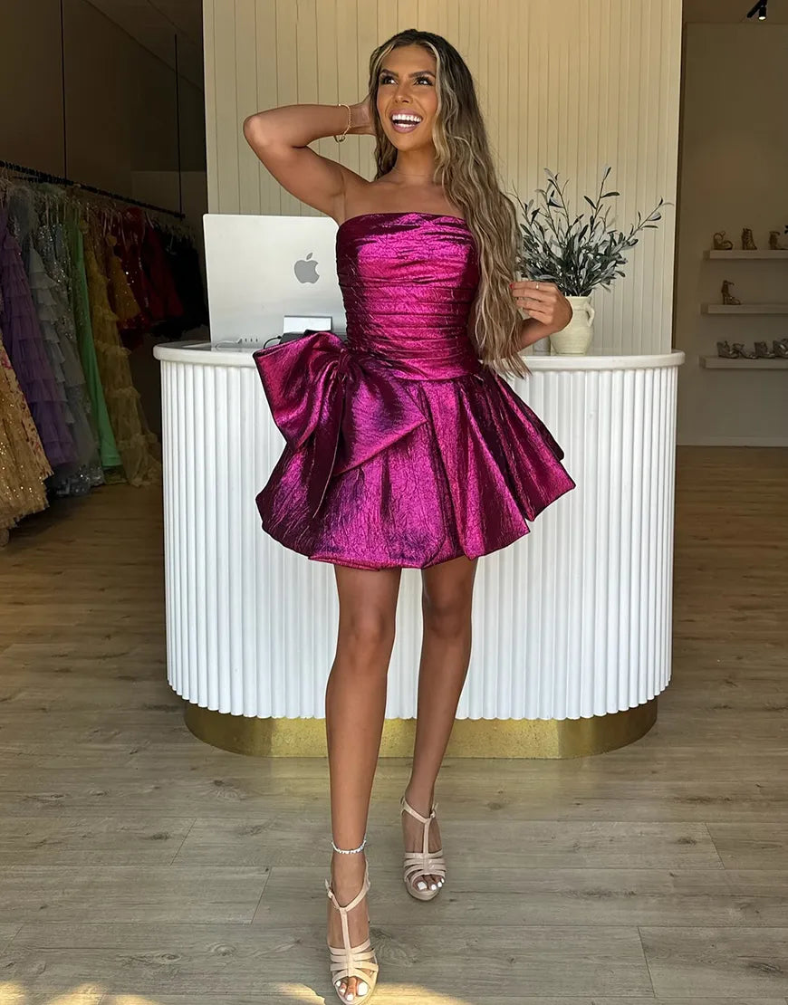 Purple sequin short strapless A-line big bow party dress