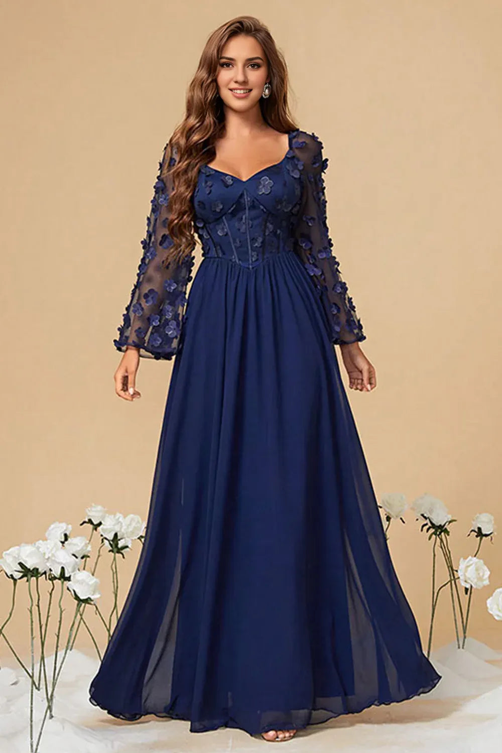 Navy Chiffon Mother Of The Bride Dress with Flowers
