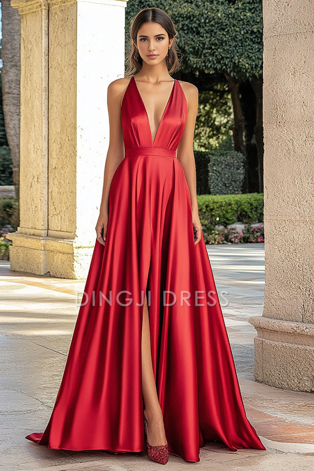 DingJiDress High Quality Dress Elegant Simple A Line Deep V-Neck Satin Long With Slit Prom Dress