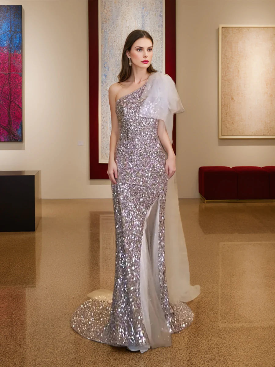 Silver long slit one shoulder sleeveless feather sequin evening gown