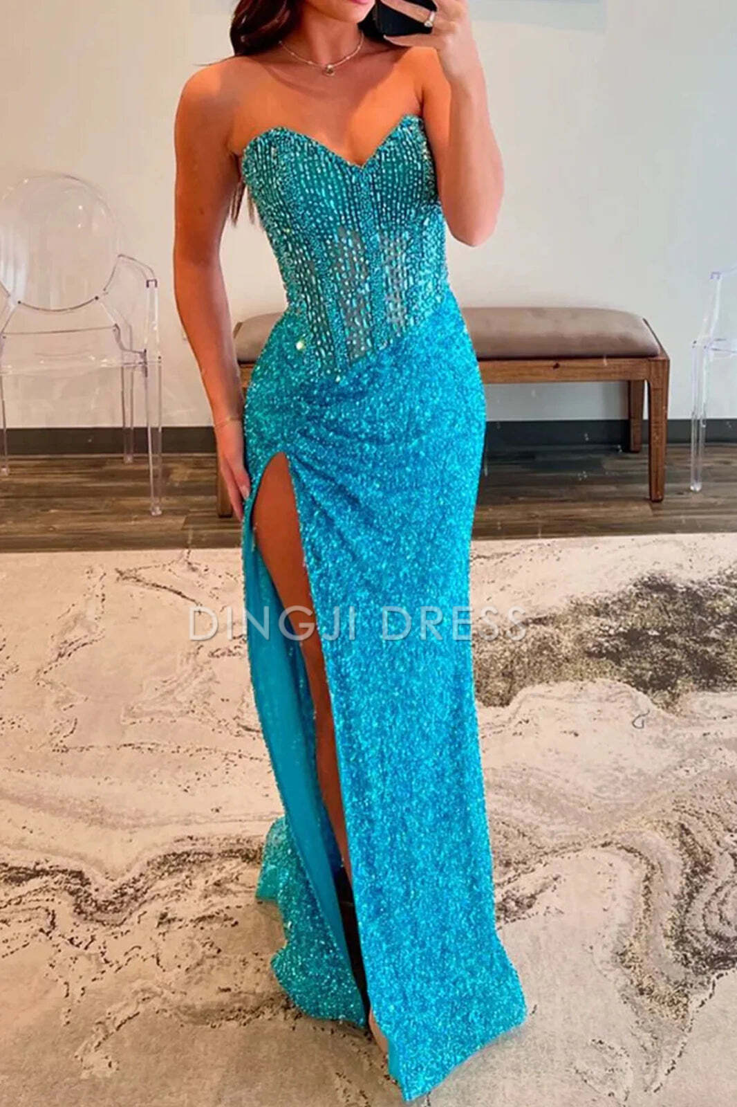 DingJiDress Sparkly Mermaid Sweetheart Side Fork Long with Beading Gorgeous Prom Dress