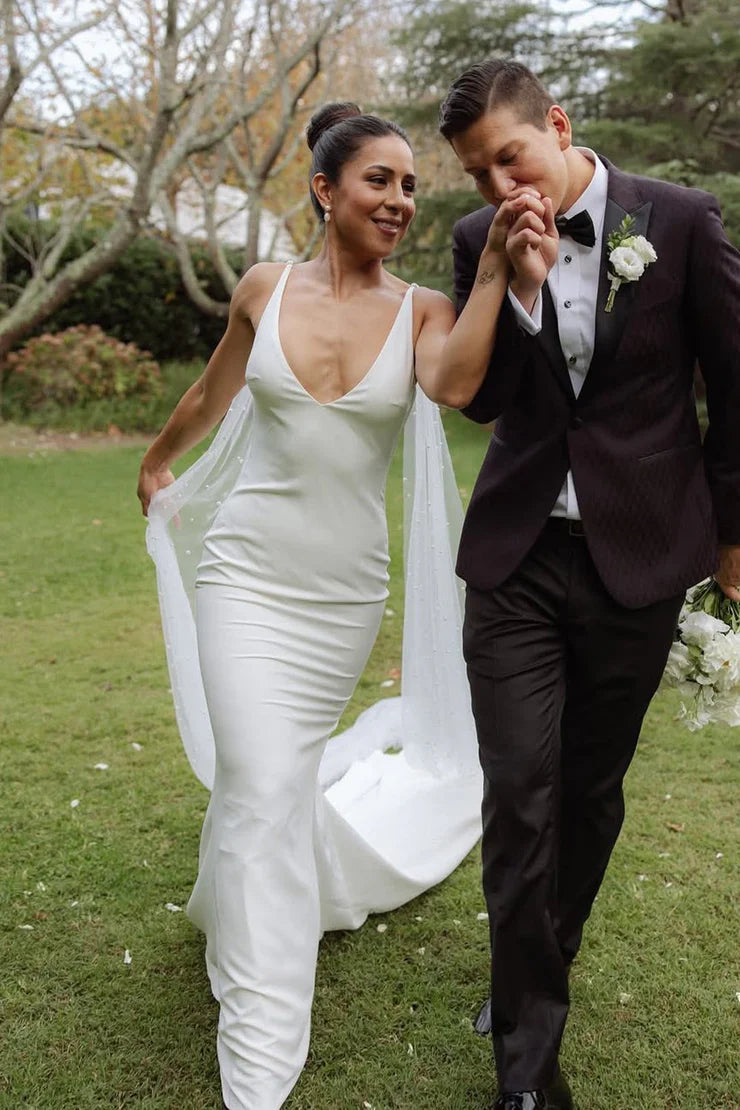 Elegant Mermaid V Neck Elastic Satin Long Wedding Dress