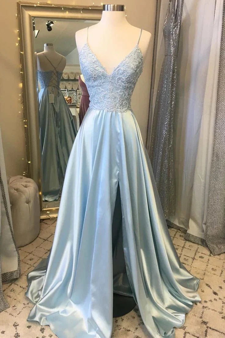 Simple and elegant light blue lace lace lace A-line slit dance dress