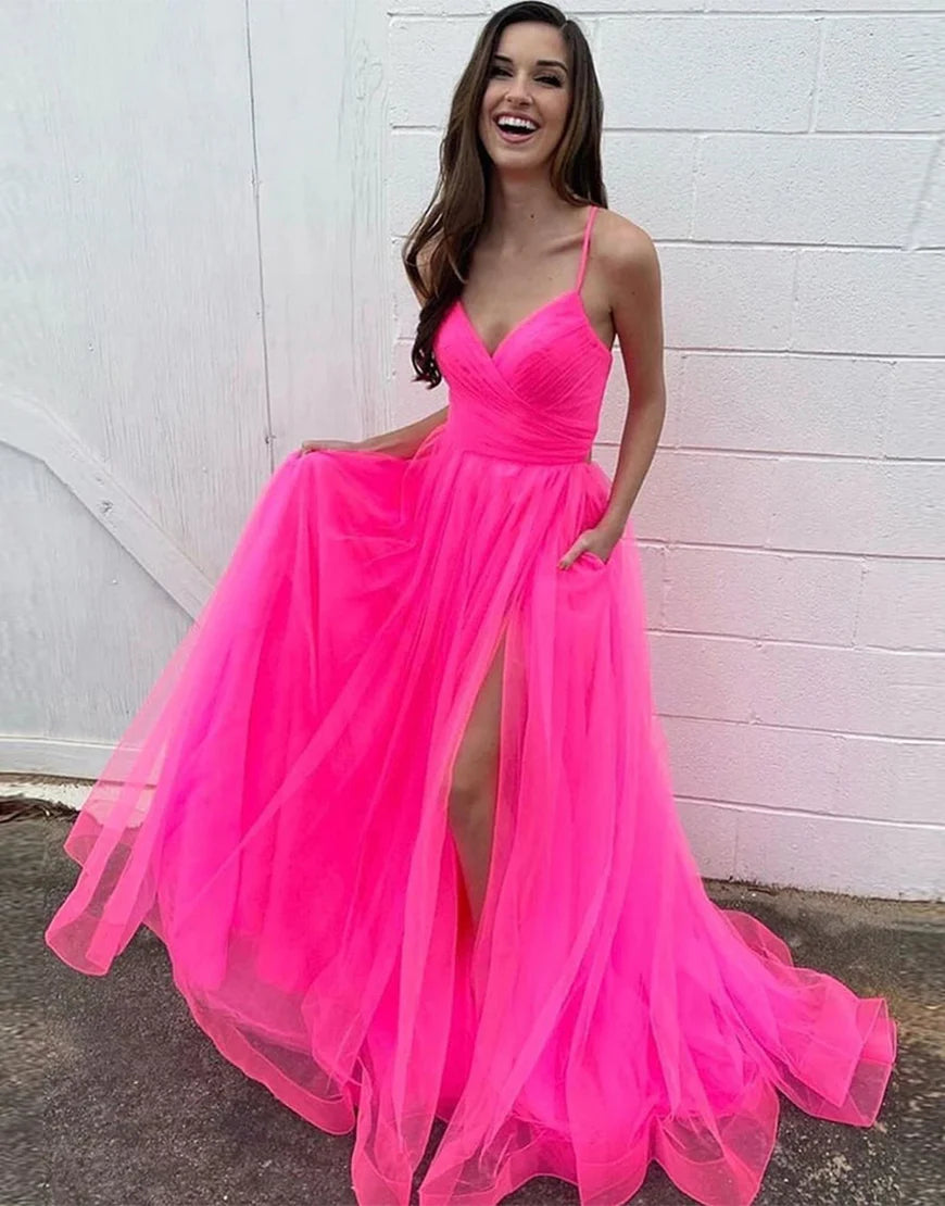 Long Lace Up Back Senior Pink Prom Dress with Split ﻿