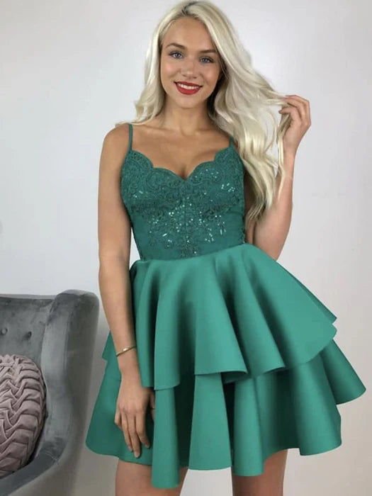 V Neck Layered Green Lace Short Prom Green Lace Formal Graduation Homecoming