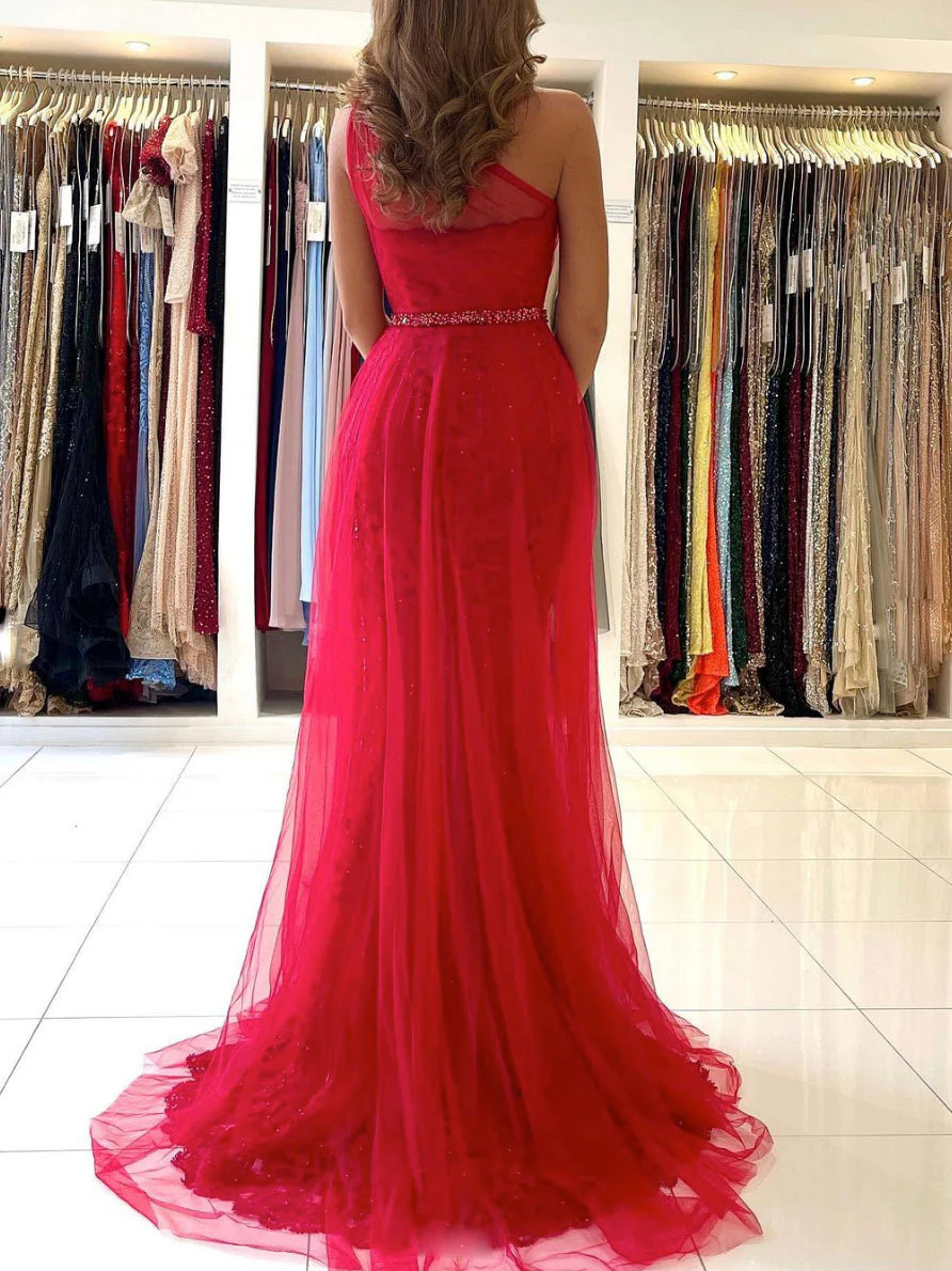 Red one shoulder tulle lace long prom dress red evening dress