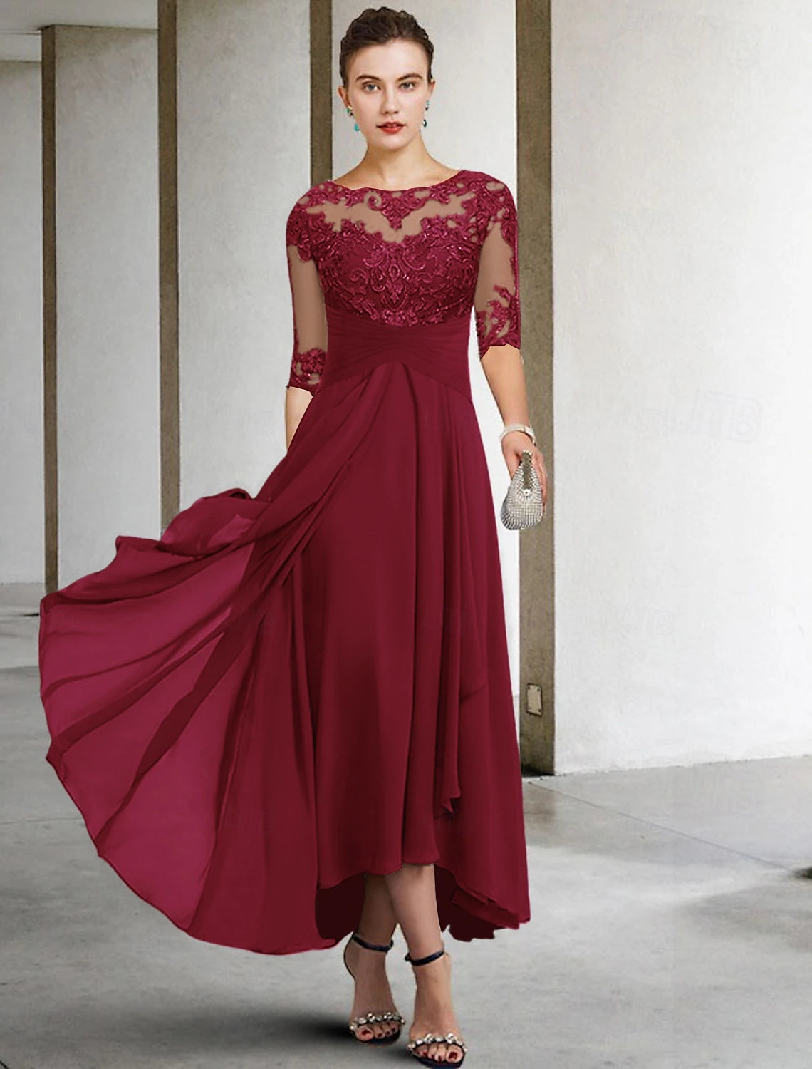 A-Line Mother of the Bride Dress Wedding Guest Elegant Plus Size High Low V Neck Asymmetrical Ankle Length Chiffon Lace Half Sleeve with Beading Appliques